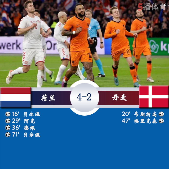 足球友谊赛 荷兰  4 - 2  丹麦