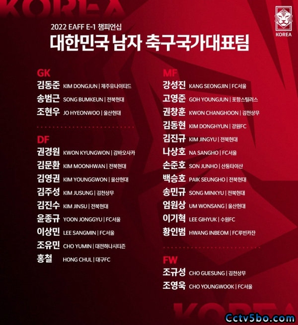 韩国公布东亚杯大名单