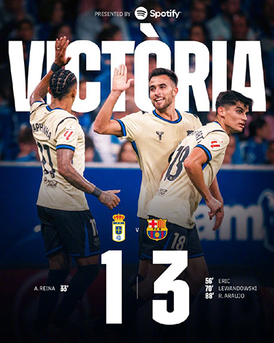 联赛三连胜达成!巴萨3-1客胜奥维耶多,莱万替补建功锁定胜局