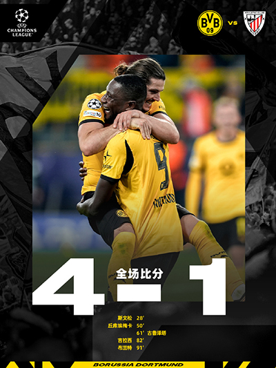 多特蒙德4-1毕尔巴鄂 布兰特丘库建功