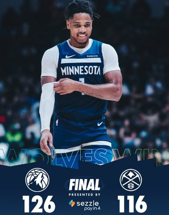 森林狼力克掘金，爱德华兹缺阵，海兰18+3+3，约基奇14+5