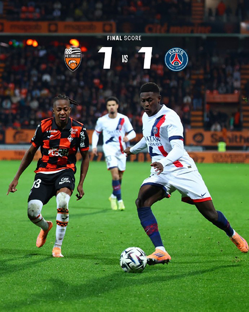 法甲:洛里昂1-1巴黎 门德斯破僵 伊戈尔-席尔瓦闪电扳平 杜埃伤退