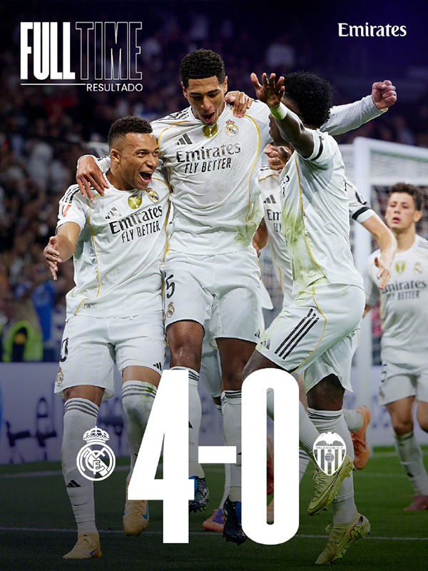 皇马4-0瓦伦西亚 姆巴佩双响