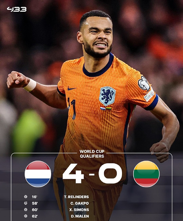 荷兰4-0立陶宛 加克波点射命中 西蒙斯破门 马伦一条龙建功