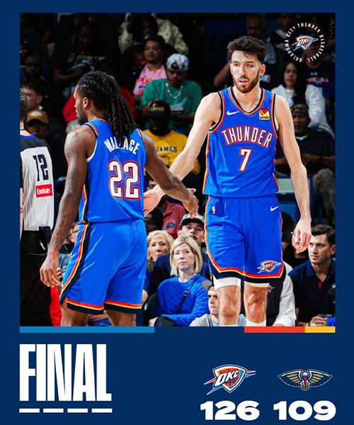 雷霆126-109轻取鹈鹕，亚历山大23+8，霍姆格伦26+9