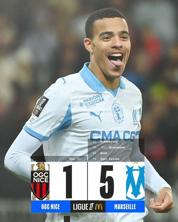 马赛5-1血洗尼斯强势登顶！格林伍德双响+奥巴梅扬1射2传导演屠杀