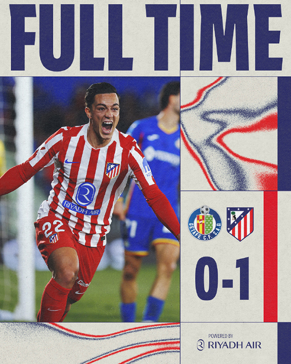 西甲联赛第13轮赛后战报：马竞1-0赫塔费 多明戈斯-杜阿尔特乌龙