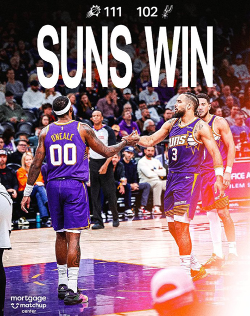 太阳111-102胜马刺取3连胜，布克24+7，狄龙25分，福克斯26分