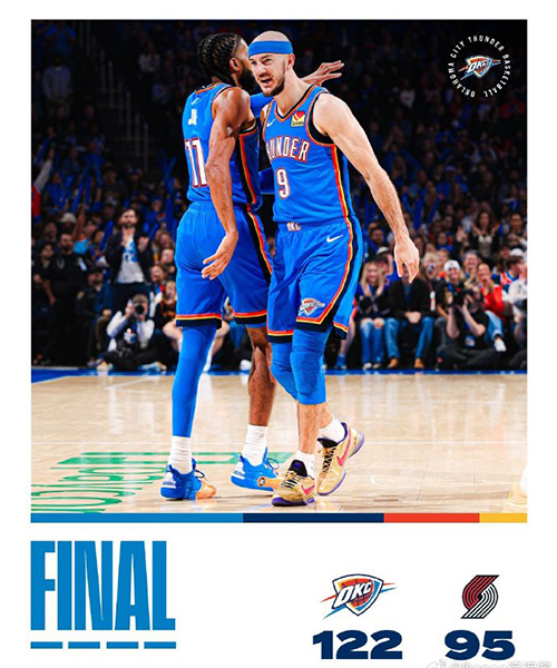 雷霆122-95擒开拓者豪取9连胜，SGA37+5+7，杨瀚森替补8+4+3