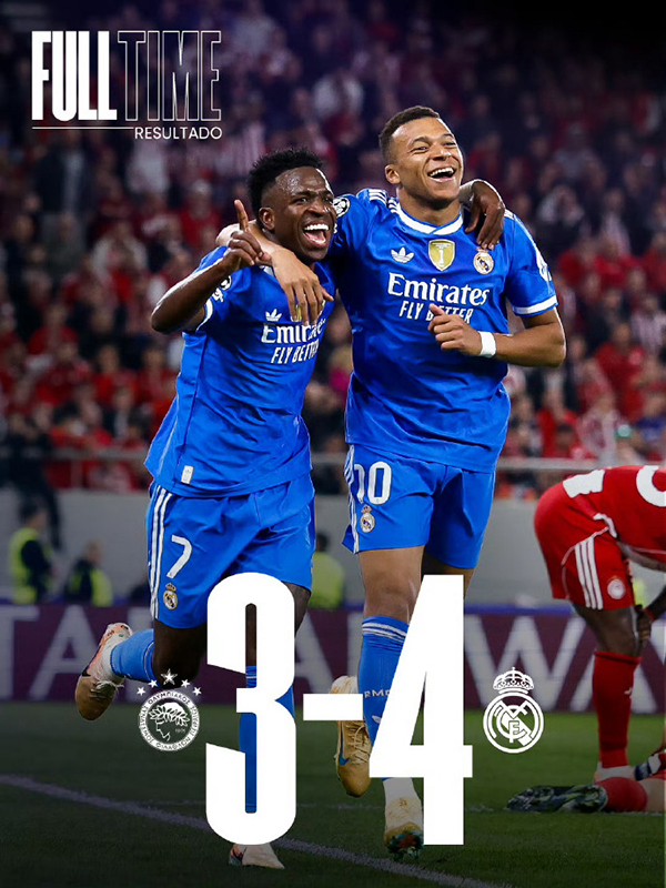 皇马4-3奥林匹亚科斯 姆巴佩无敌大四喜 维尼修斯2妙传