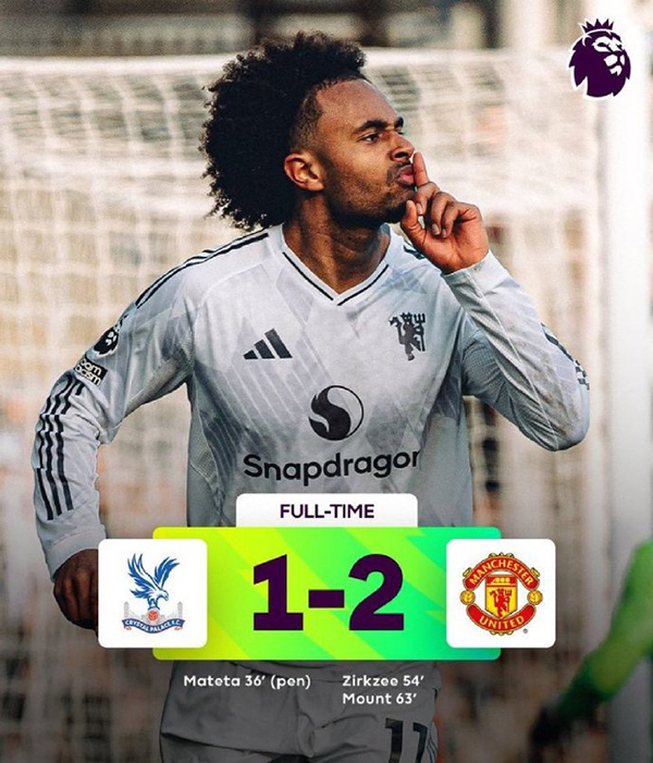 曼联2-1击败水晶宫，齐尔克泽凌空斩破荒，B费两助攻