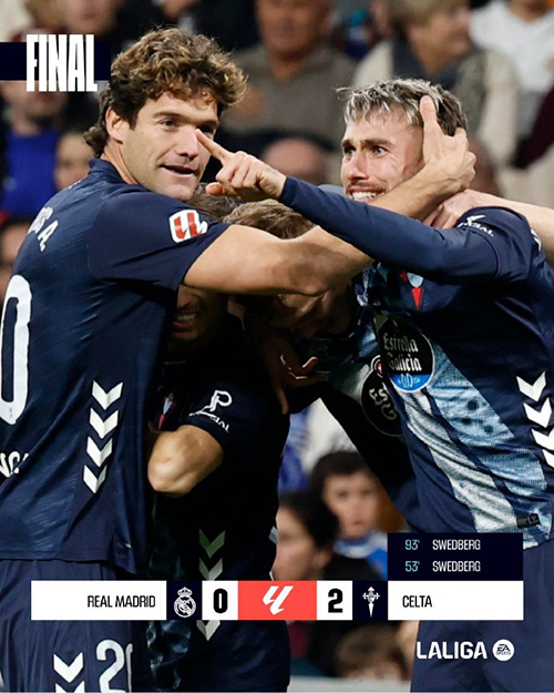 皇马爆冷不敌塞尔塔 弗兰·加西亚两分钟两黄被罚下场 斯维德贝里破门