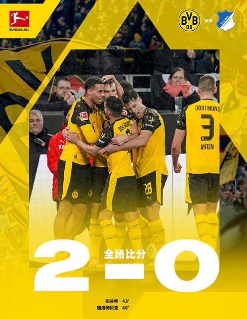 多特蒙德主场2-0战胜霍芬海姆,多特联赛6轮不败