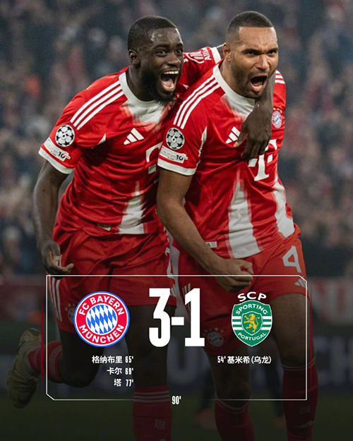 拜仁主场3-1逆转葡体各项赛事取得4连胜