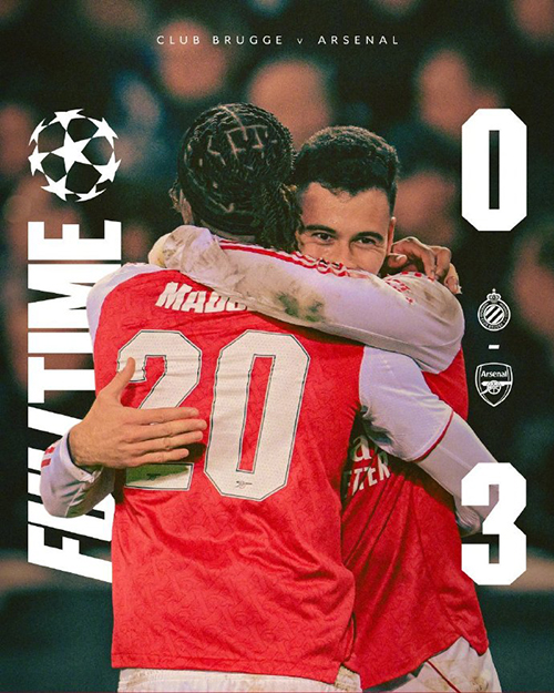 阿森纳3-0布鲁日 取六连胜 阿森纳全胜18分领跑