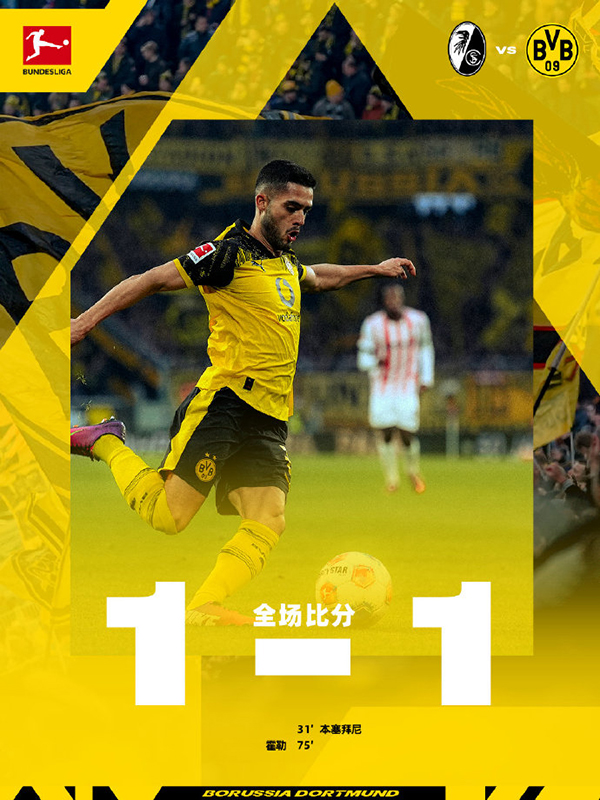 多特蒙德1-1弗赖堡 霍勒凌空侧勾破门扳平比分